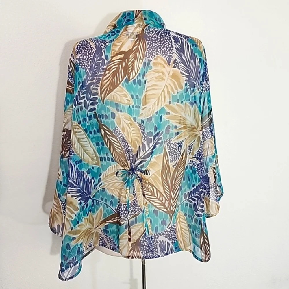 Bon Worth Kimono Semi Sheer Tropical Leaf Detail Aqua Size L